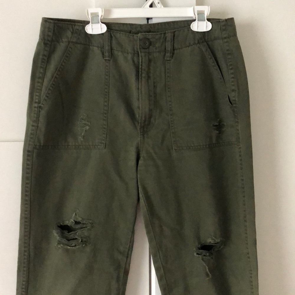 Army green straight leg pants.
